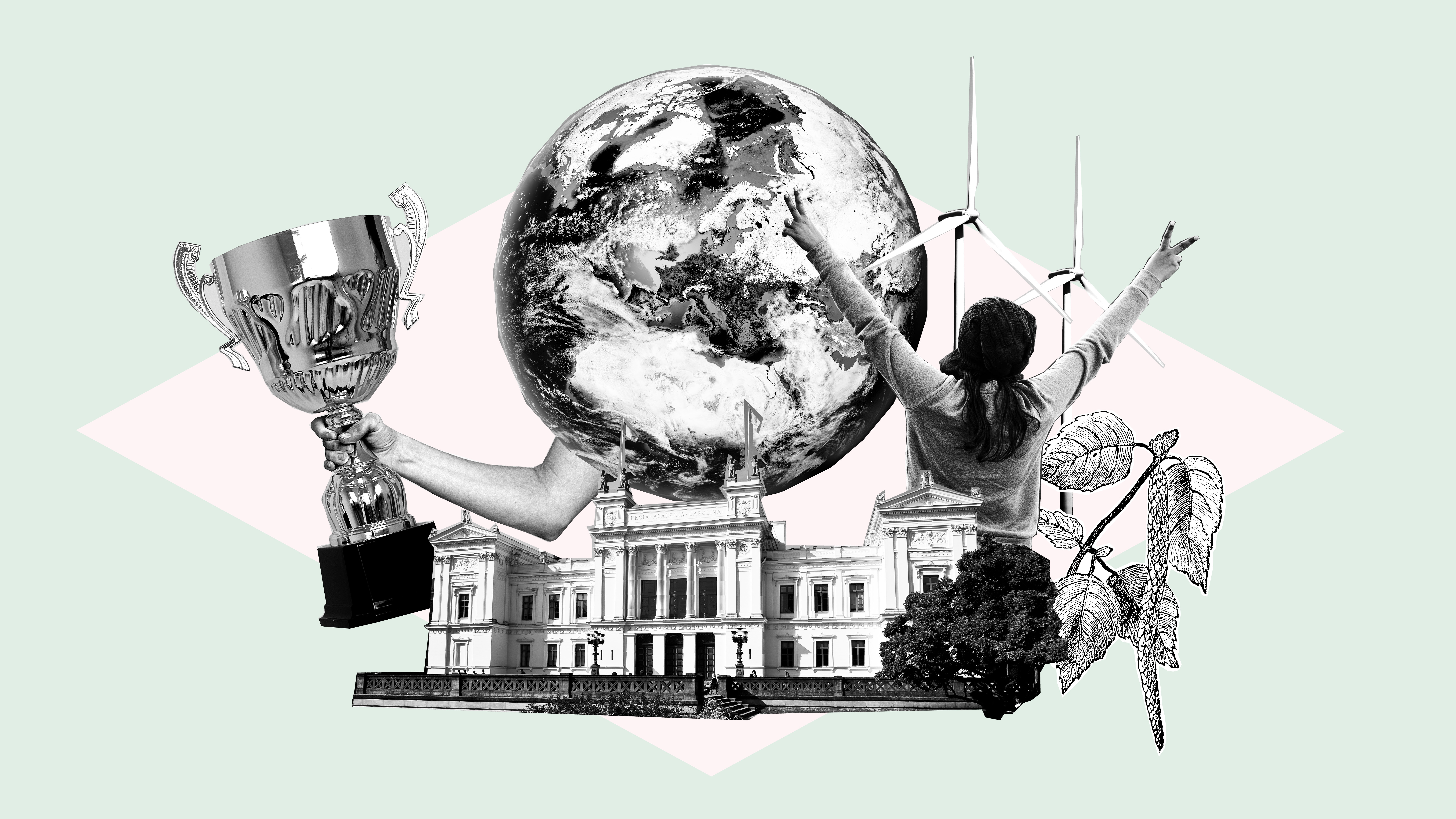 Graphic elements of Lund University building, globe, prize cup, person with winner gesture, windmills etc. Illustration.