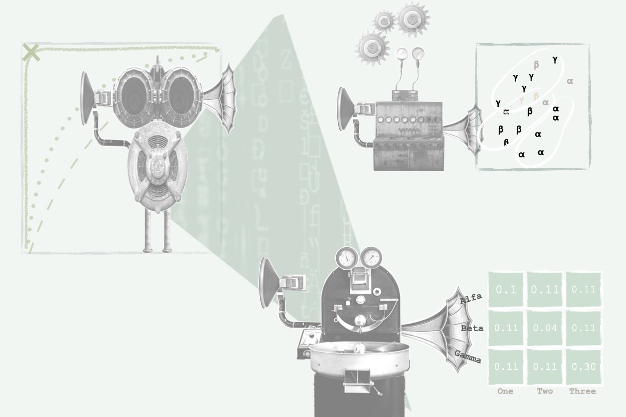 Illustration. Cute robots and typical graphs showing the quality of machine learning based classifiers.