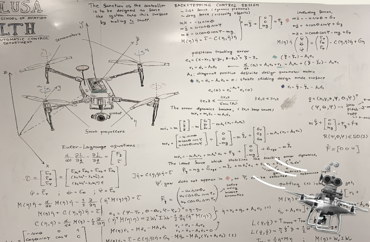 Illustration. Mathematical description on a white bord of the control system for an unmanned aerial vehicle.