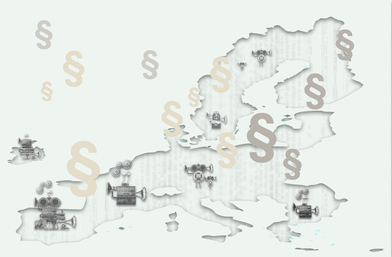 Illustration: Symbolic illustration of law paragraphs raining over robots distributed over an EU map.