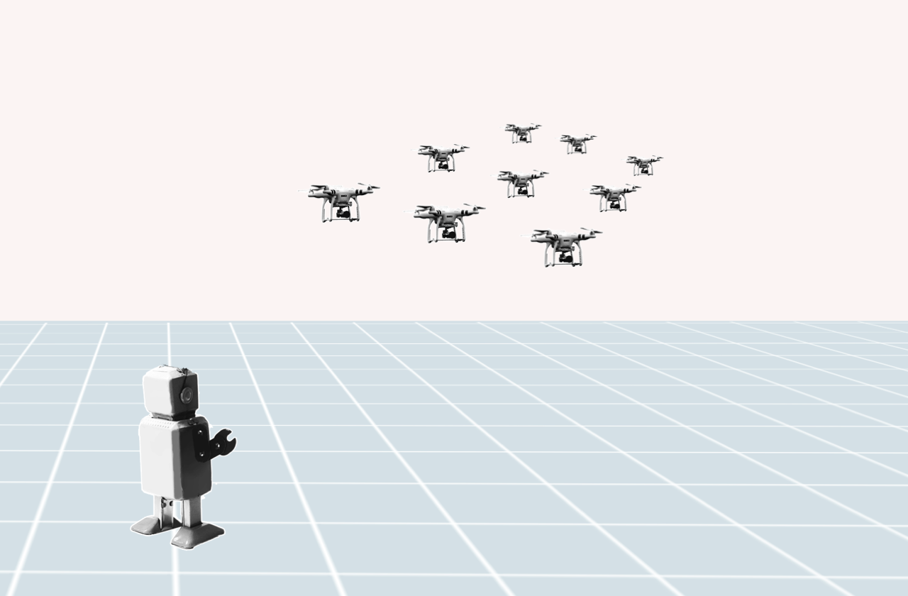 Illustration: Pilot piloting a of drone swarm.