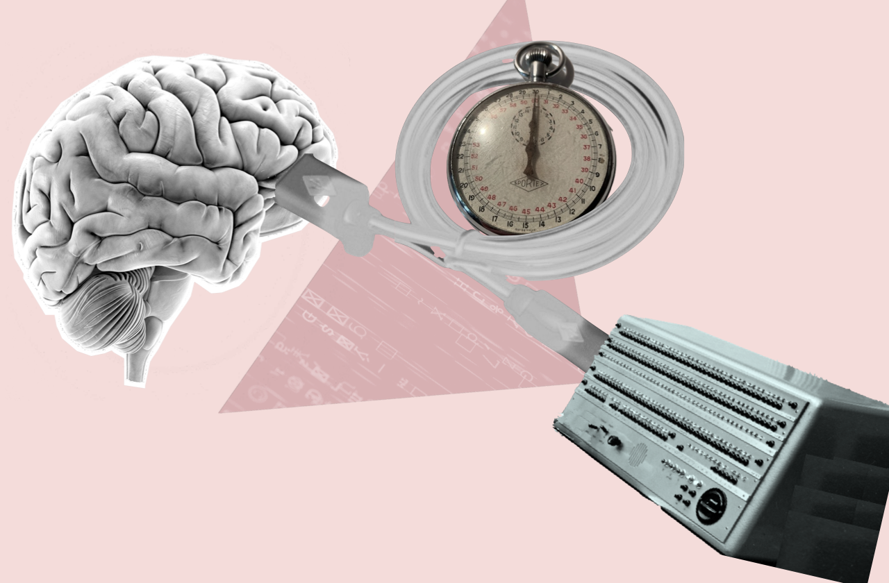 Illustration. Brain conceted to old computer via usb cable suronding a stop watch.