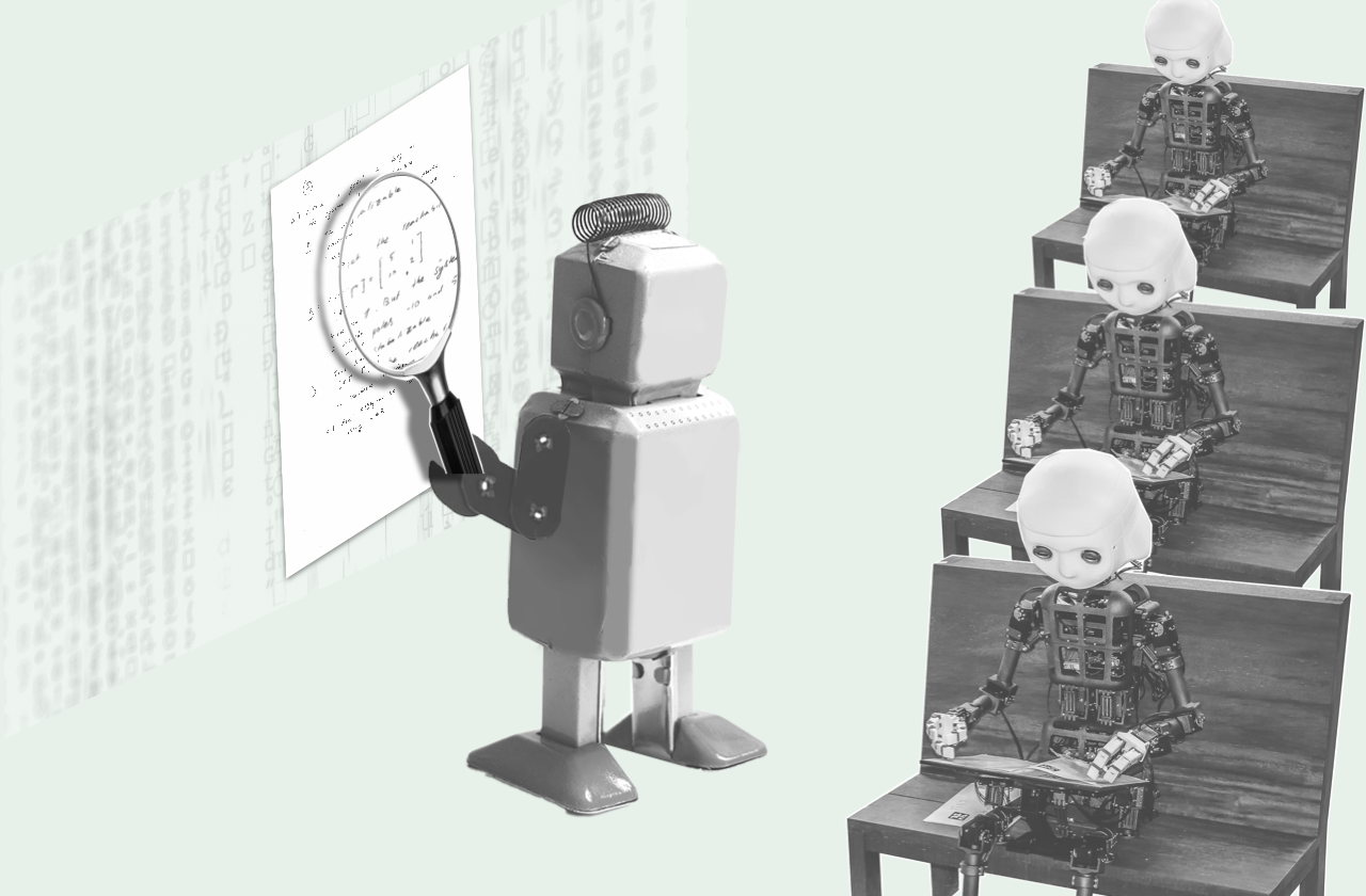 Illustration. Robot students using AI to solve exams that is graded by a robot teacher.