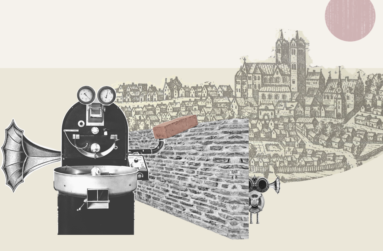 Illustration. Robot building brick wall with an illustration of medieval Lund in the background.