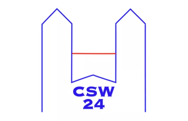 Illustration of two towers with a red line between them and the text CSW 24.