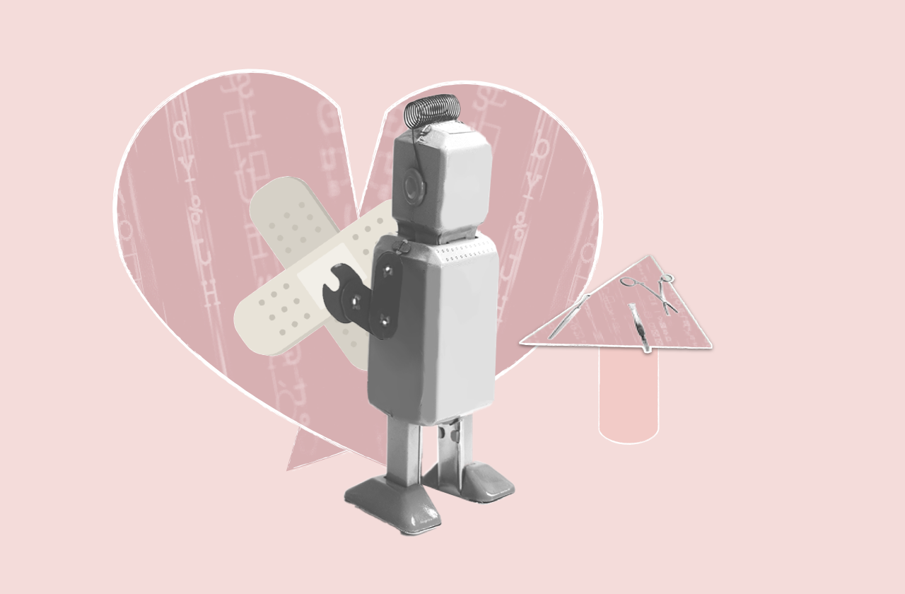 Illustration. Robot doctor puts a Band-Aid on a broken heart.